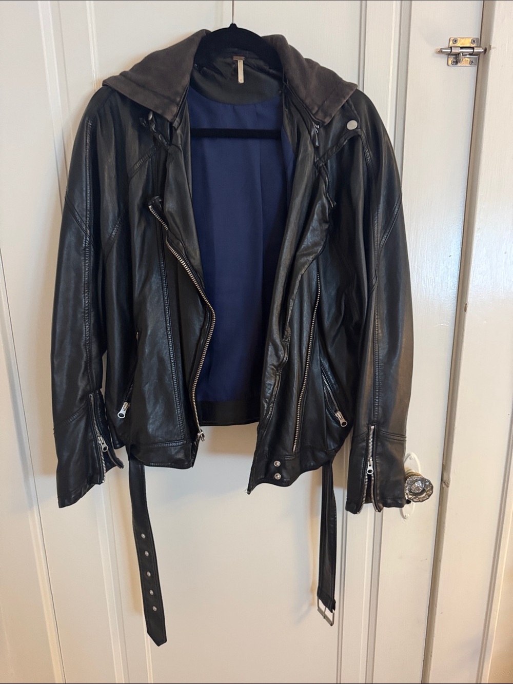 Free People Black Faux Leather Moto Jacket with Navy Lining and Removable Hood